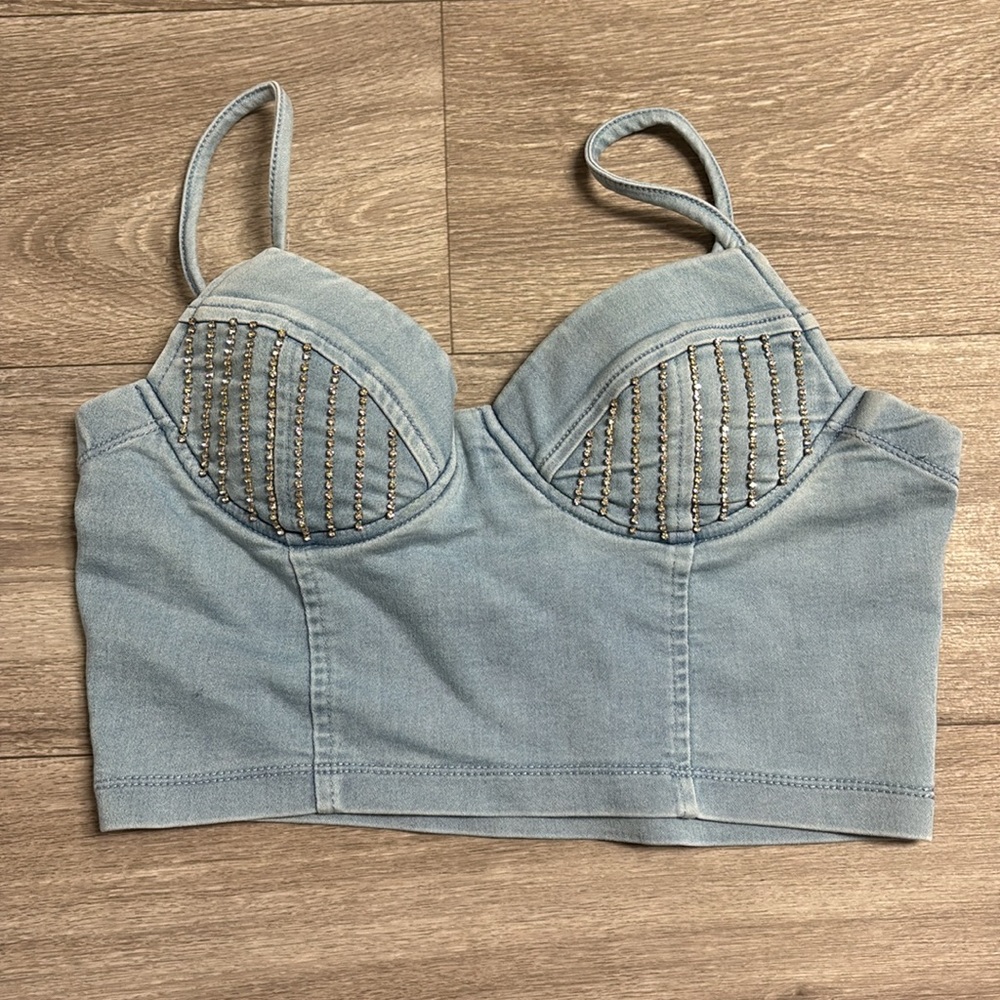 Small Cropped Denim Top w/ Rhinestones